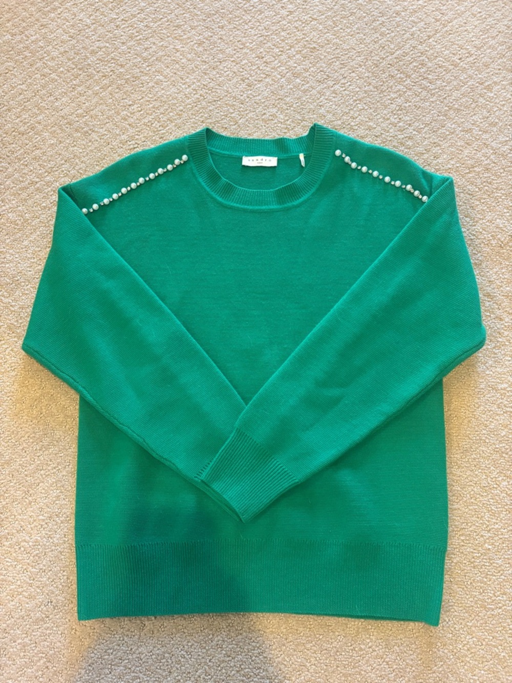 Sandro Green Crewneck Sweater with Pearl-Stud Shoulder Detail